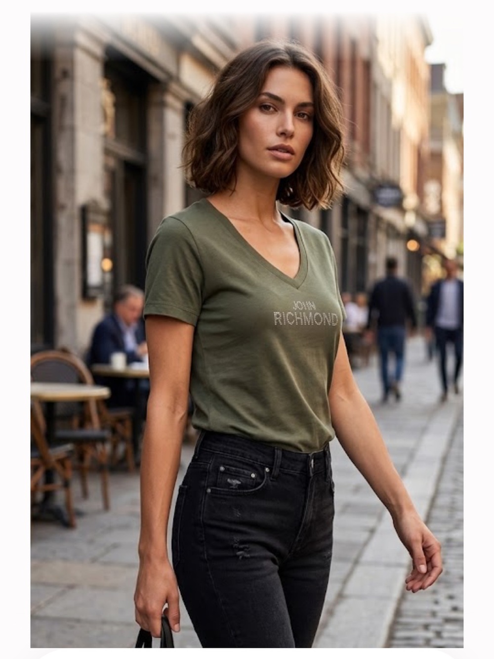 John Richmond Olive V-Neck Tee with Crystal Logo Detail Sz L